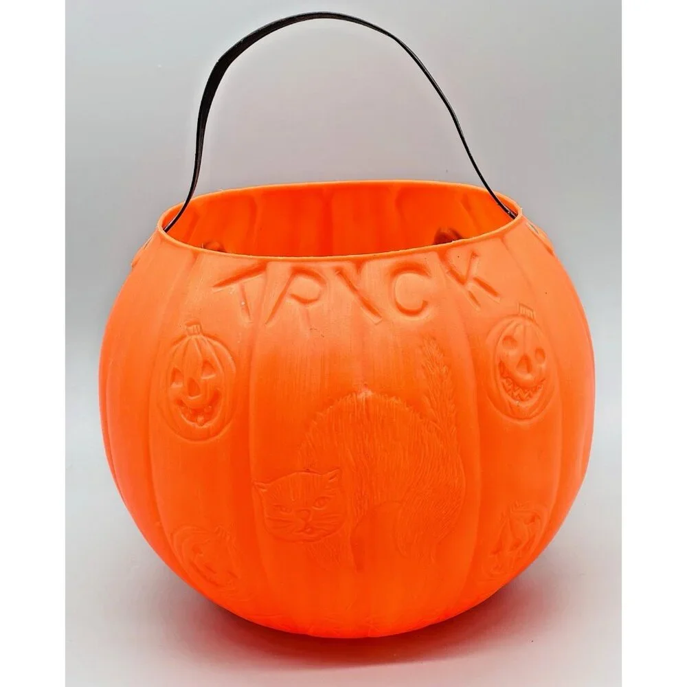 AJ Renzi Halloween Blow Mold Trick Or‎ Treat Pumpkin Cat Bucket 2 Sided Vintage